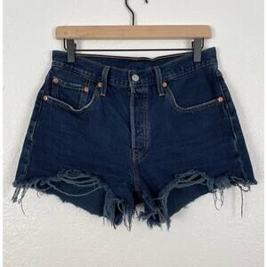 Levi's 501 Dark Wash Button Fly Raw Hem Denim Jean Shorts Size 28